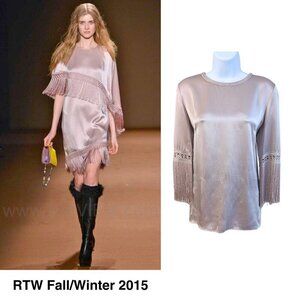 2015 ANDREW GN Dusty Mauve Boho Fringe Heirloom Fabric-Themed RTW Blouse Size 36